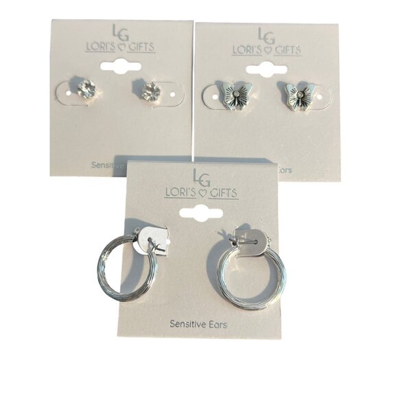 Lori's Gifts 3 Pair Silver Tone Earrings Hoops Studs Butterfly Rhinestone NEW - Picture 1 of 6